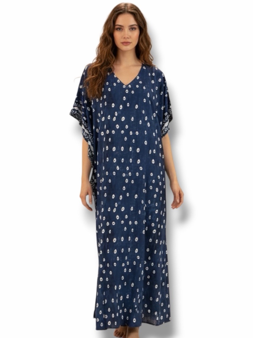 Indigo Navy Blue Evil Eye V-Neck Kaftan Dress OSFM